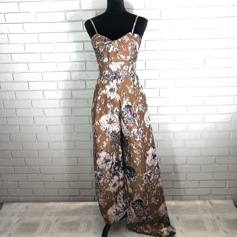 Anthropologie Brown Abstract Floral Jacquard Wide Leg Bow Sweetheart Jumpsuit